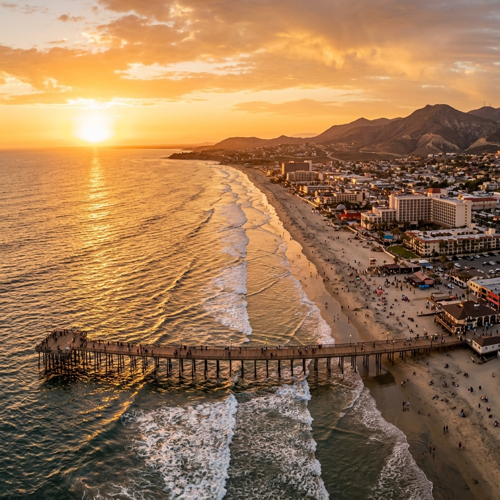 Vista aérea del muelle y playa de Rosarito, Baja California al atardecer