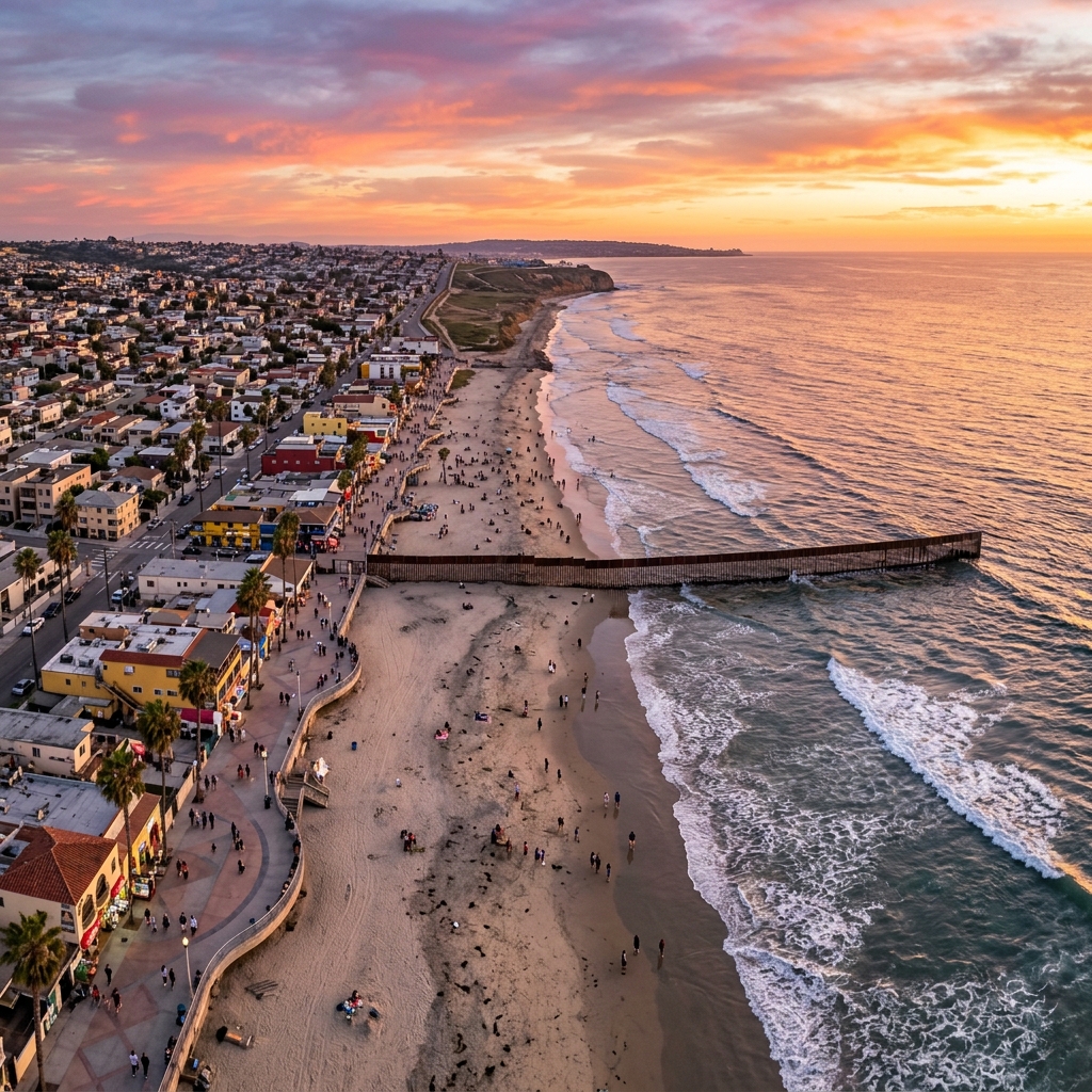 Vista aérea del atardecer costero en Playas de Tijuana, Baja California